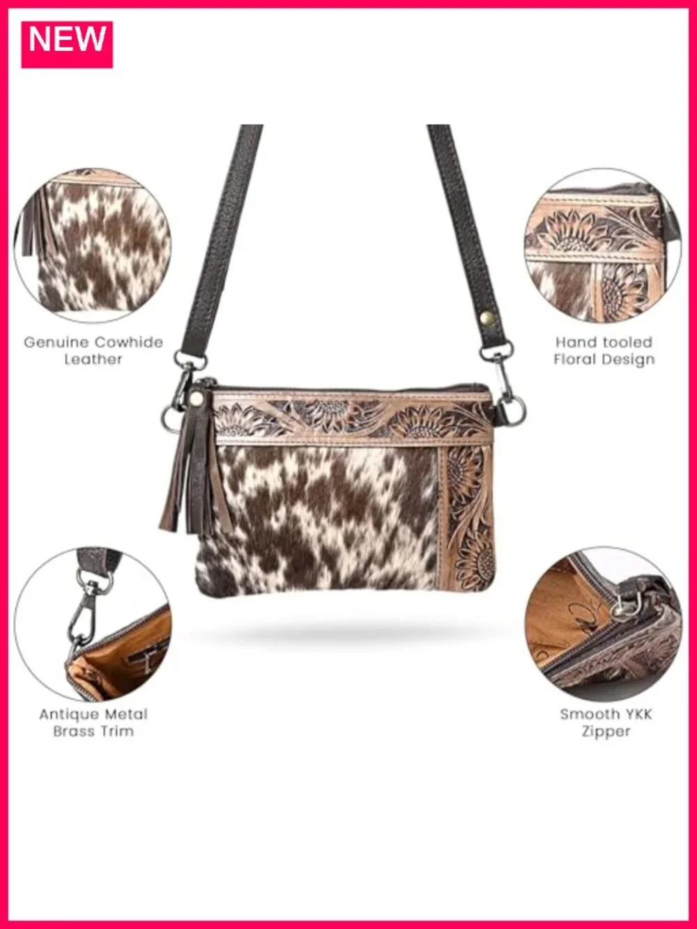 Genuine Cowhide Leather Crossbody Bag with Adjustable Detachable Strap